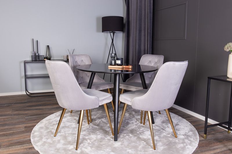 Venture Home Velvet Deluxe & Plaza 4 st Matstolar Grå + Runt Matbord ⌀100 Svart