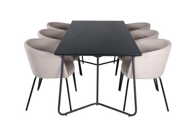 Venture Home Berit & Petra 6 st Matstolar Beige + Rektangulärt Matbord 190 x 90 Svart