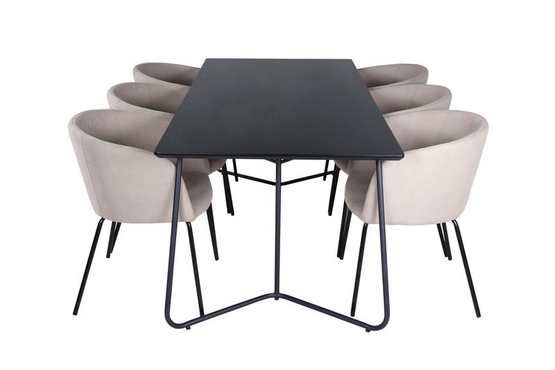 Venture Home Berit & Petra 6 st Matstolar Beige + Rektangulärt Matbord 190 x 90 Svart