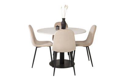 Venture Home Razzia & Polar Runt Matbord ⌀106 Vit + 4 st Matstolar Beige