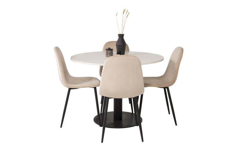 Venture Home Razzia & Polar Runt Matbord ⌀106 Vit + 4 st Matstolar Beige