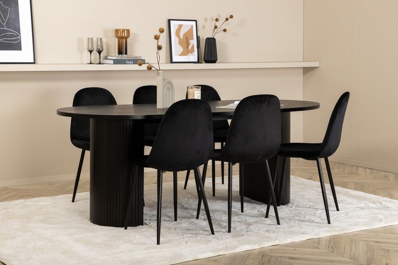 Venture Home Bianca & Polar Ovalt Matbord 200 x 90 Svart + 6 st Matstolar Svart