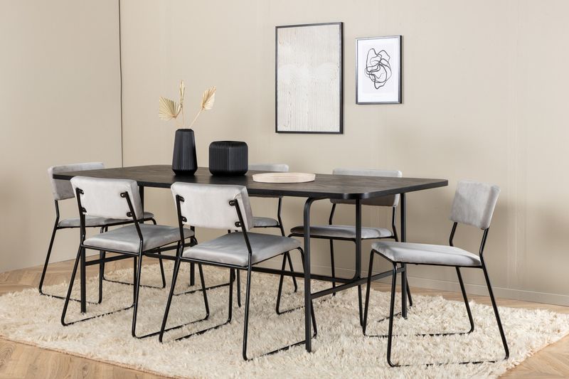 Venture Home Kenth & Uno 6 st Matstolar Grå + Rektangulärt Matbord 200 x 90 Svart