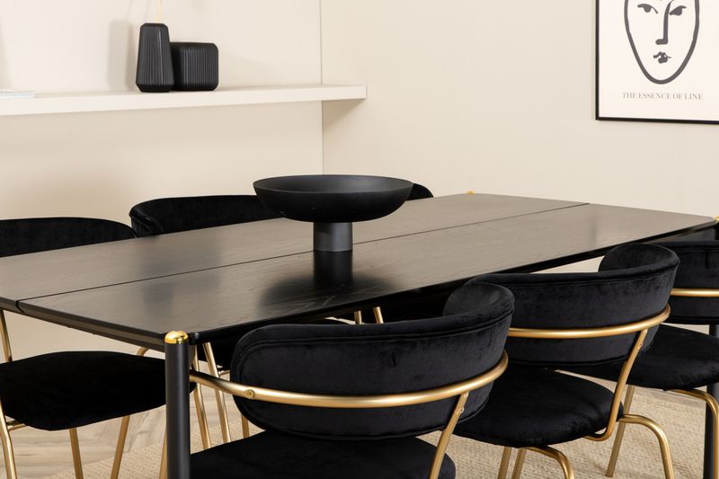 Venture Home Arrow & Pelle 6 st Matstolar Svart + Rektangulärt Matbord 190 x 90 Svart