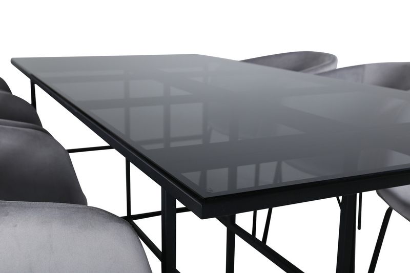 Venture Home Berit & Leif 6 st Matstolar Grå + Rektangulärt Matbord 200 x 90 Svart