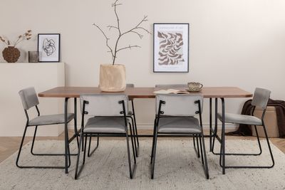 Venture Home Kenth & Uno 6 st Matstolar Grå + Rektangulärt Matbord 200 x 90 Natur