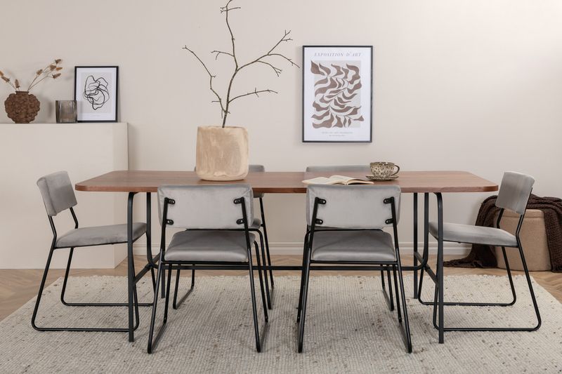Venture Home Kenth & Uno 6 st Matstolar Grå + Rektangulärt Matbord 200 x 90 Natur