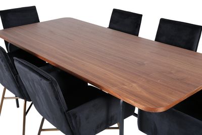 Venture Home Petra & Uno 6 st Matstolar Svart + Rektangulärt Matbord 200 x 90 Natur