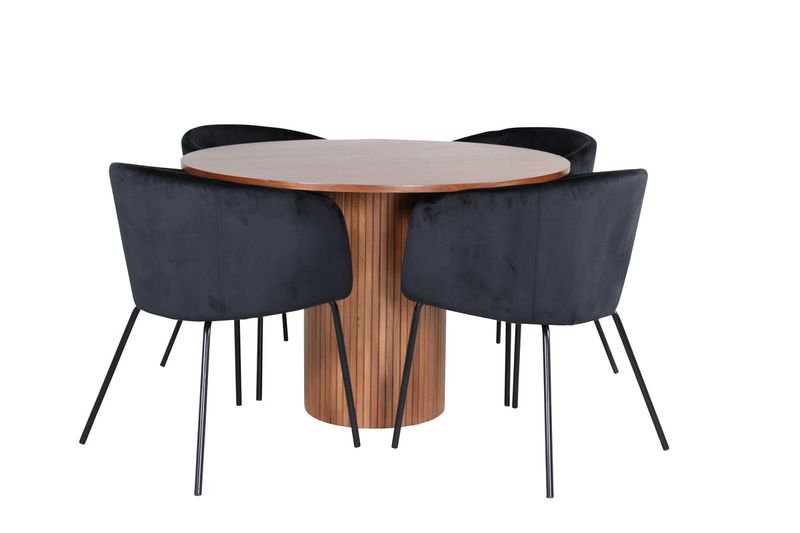 Venture Home Berit & Bianca 4 st Matstolar Svart + Runt Matbord ⌀110 Valnöt