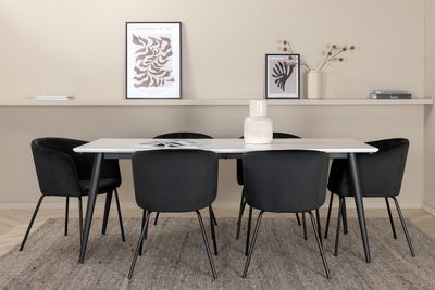 Venture Home Berit & Jimmy 6 st Matstolar Svart + Rektangulärt Matbord 195 x 90 Vit