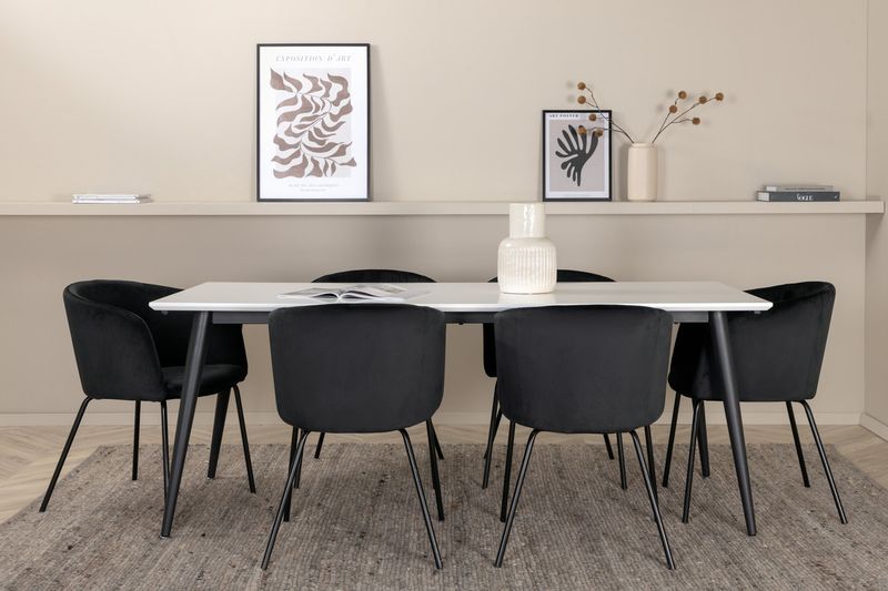 Venture Home Berit & Jimmy 6 st Matstolar Svart + Rektangulärt Matbord 195 x 90 Vit