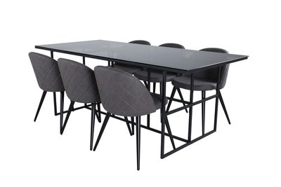 Venture Home Leif & Velvet Rektangulärt Matbord 200 x 90 Svart + 6 st Matstolar Grå