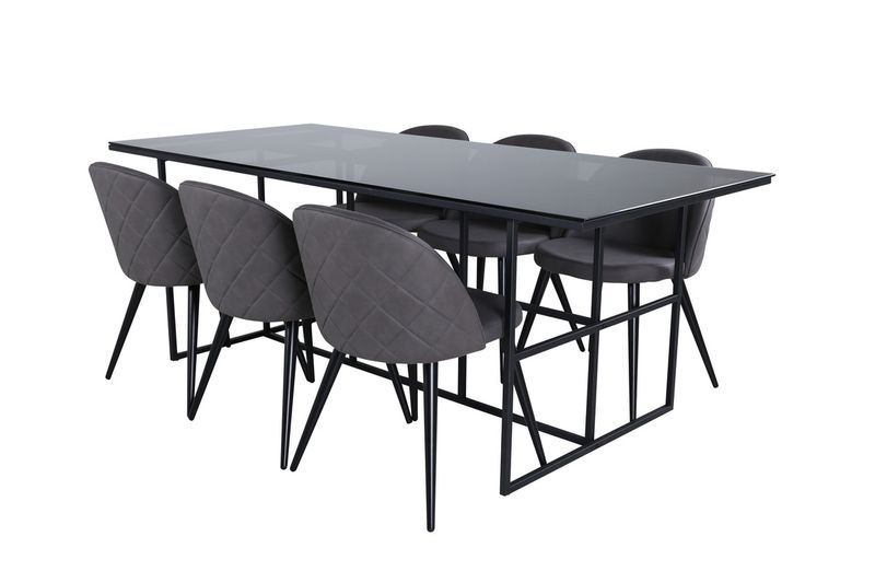 Venture Home Leif & Velvet Rektangulärt Matbord 200 x 90 Svart + 6 st Matstolar Grå
