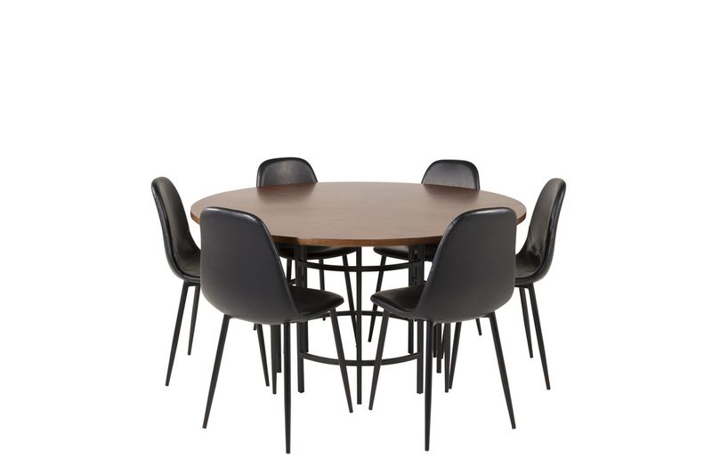 Venture Home Copenhagen & Polar Runt Matbord ⌀140 Brun + 6 st Matstolar Svart