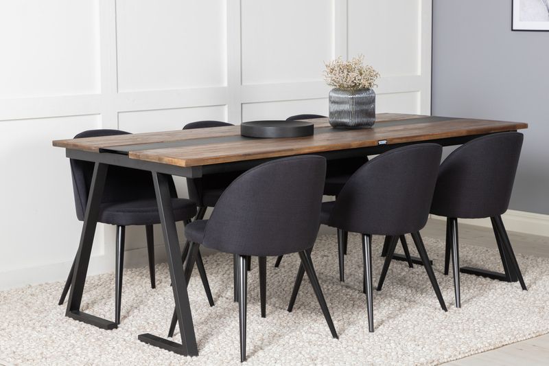 Venture Home Jakarta & Velvet Rektangulärt Matbord 200 x 90 Svart + 6 st Matstolar Svart