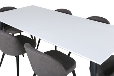 Venture Home Jimmy & Velvet Rektangulärt Matbord 195 x 90 Vit + 6 st Matstolar Grå
