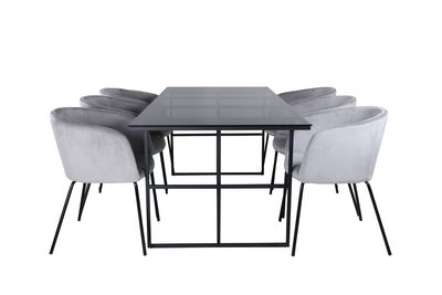 Venture Home Berit & Leif 6 st Matstolar Grå + Rektangulärt Matbord 200 x 90 Svart