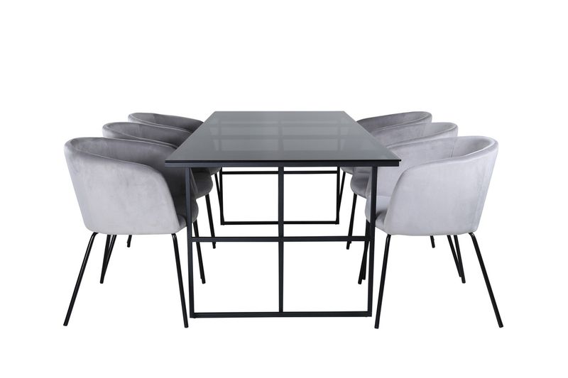 Venture Home Berit & Leif 6 st Matstolar Grå + Rektangulärt Matbord 200 x 90 Svart