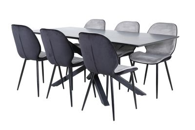 Venture Home Emma & Piazza 6 st Matstolar Grå + Rektangulärt Matbord 180 x 90 Svart