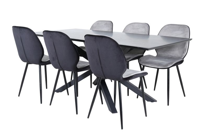 Venture Home Emma & Piazza 6 st Matstolar Grå + Rektangulärt Matbord 180 x 90 Svart