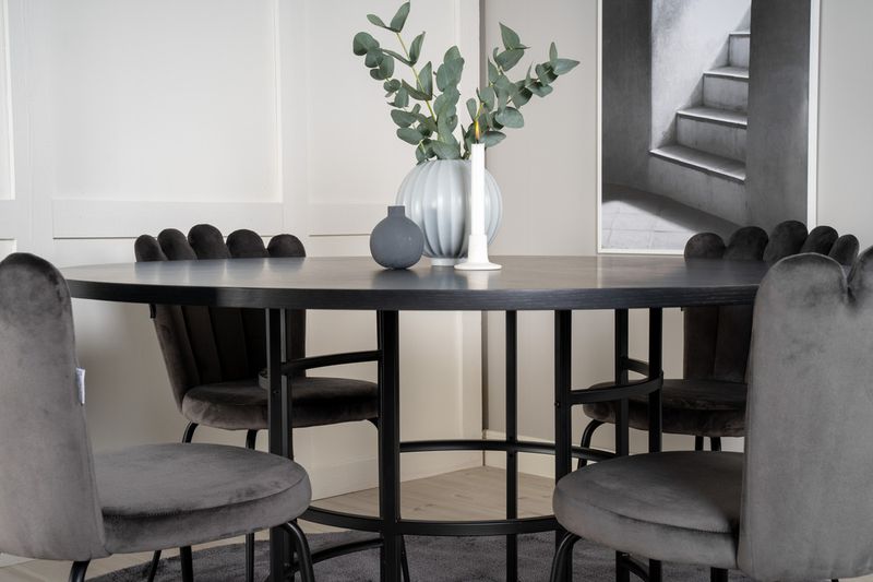 Venture Home Limhamn & Copenhagen 4 st Matstolar Grå + Runt Matbord ⌀140 Svart