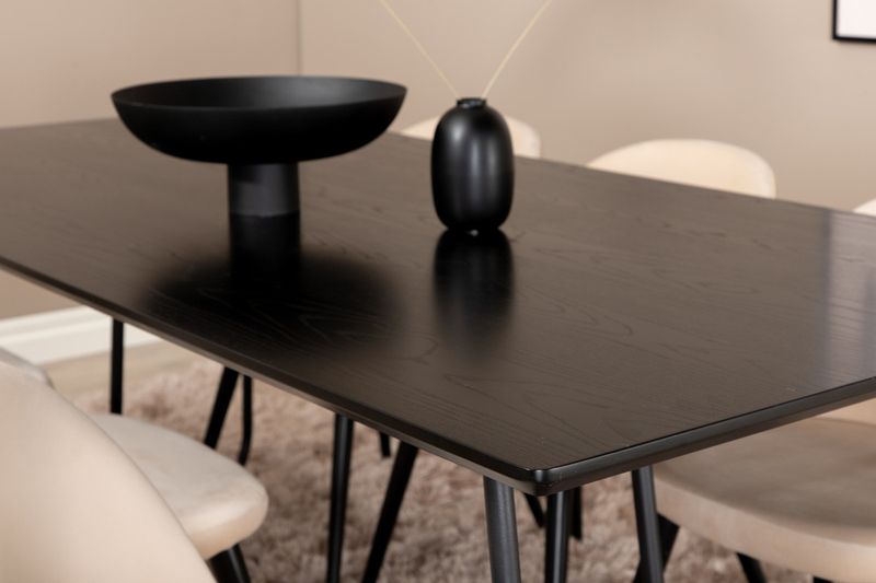 Venture Home Petra & Velvet Rektangulärt Matbord 190 x 90 Svart + 6 st Matstolar Beige