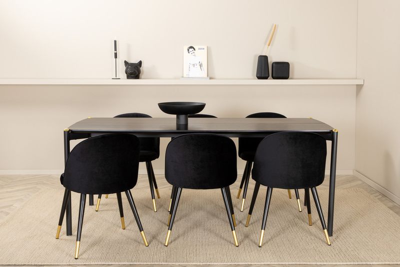 Venture Home Pelle & Velvet Rektangulärt Matbord 190 x 90 Svart + 6 st Matstolar Svart