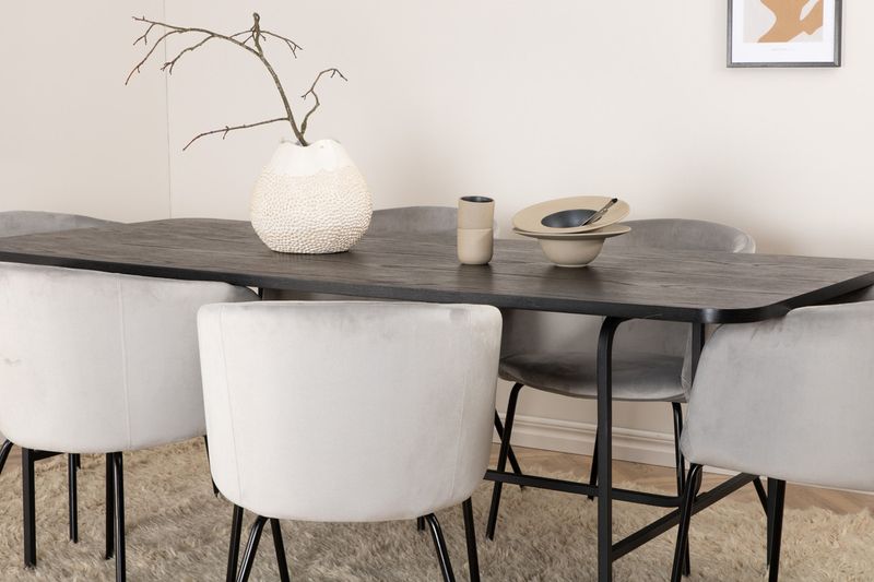 Venture Home Berit & Uno 6 st Matstolar Grå + Rektangulärt Matbord 200 x 90 Svart