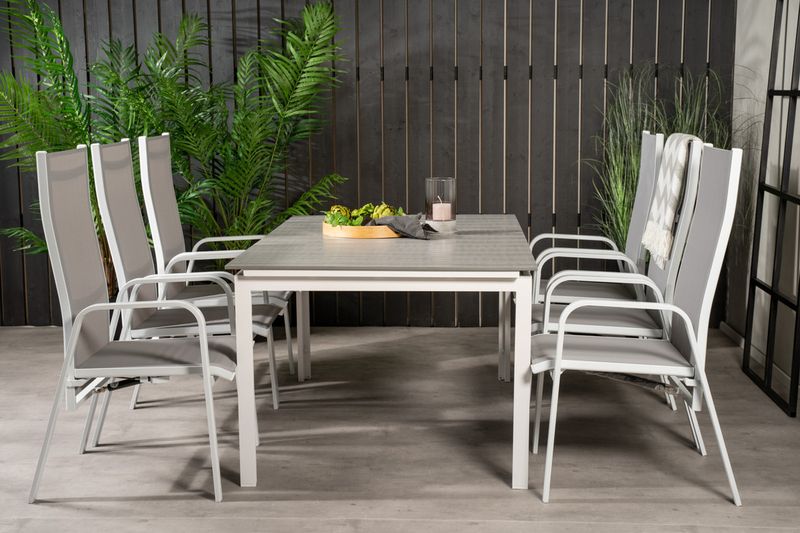 Venture Home Levels & Copacabana Rektangulärt Matbord 160 x 100 Vit + 6 st Reclinerstolar Grå