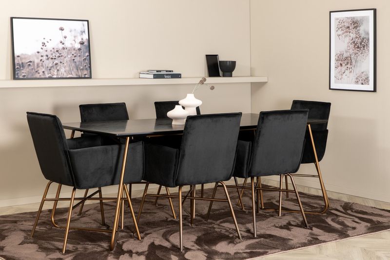 Venture Home Petra Rektangulärt Matbord 190 x 90 Svart + 6 st Matstolar Svart