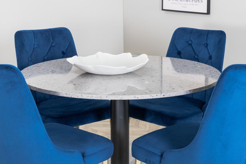 Venture Home Razzia & Velvet Deluxe Runt Matbord ⌀106 Grå + 4 st Matstolar Blå