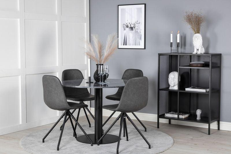 Venture Home Polar & Estelle 4 st Matstolar Svart + Runt Matbord ⌀106 Mörkgrå
