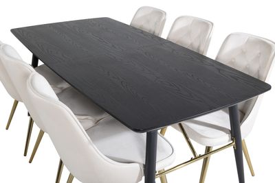 Venture Home Gold & Velvet Deluxe Rektangulärt Matbord 180 x 85 Svart + 6 st Matstolar Beige