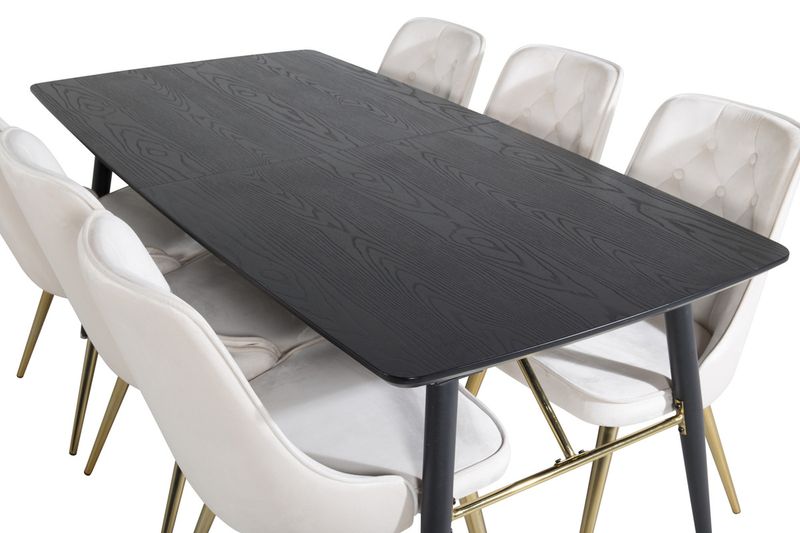 Venture Home Gold & Velvet Deluxe Rektangulärt Matbord 180 x 85 Svart + 6 st Matstolar Beige