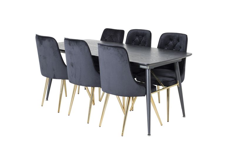 Venture Home Gold & Velvet Deluxe Rektangulärt Matbord 180 x 85 Svart + 6 st Matstolar Svart