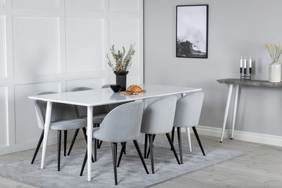 Venture Home Polar & Velvet Rektangulärt Matbord 180 x 90 Vit + 6 st Matstolar Ljusgrå