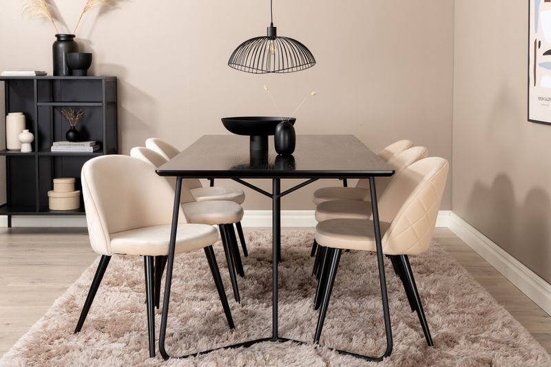 Venture Home Petra & Velvet Rektangulärt Matbord 190 x 90 Svart + 6 st Matstolar Beige
