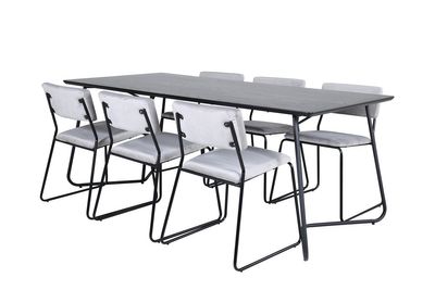 Venture Home Kenth & Petra 6 st Matstolar Grå + Rektangulärt Matbord 190 x 90 Svart