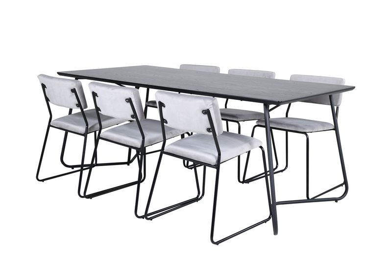 Venture Home Kenth & Petra 6 st Matstolar Grå + Rektangulärt Matbord 190 x 90 Svart
