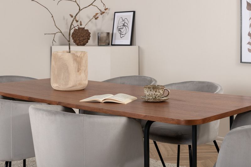 Venture Home Berit & Petra 6 st Matstolar Grå + Rektangulärt Matbord 190 x 90 Svart