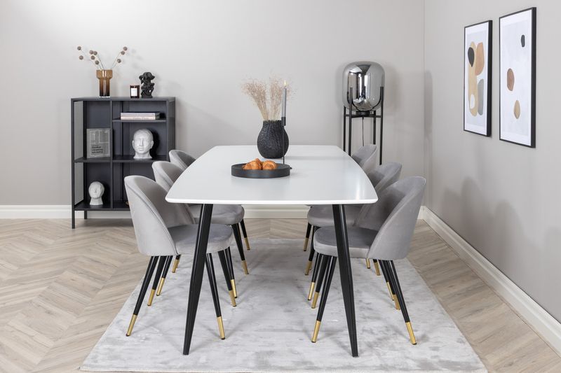 Venture Home Velvet & Polar 6 st Matstolar Grå + Rektangulärt Matbord 240 x 100 Vit