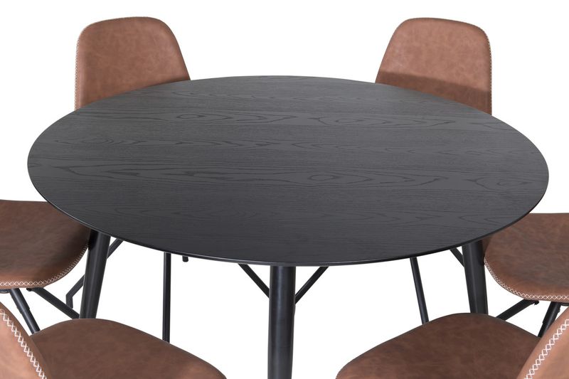 Venture Home Dipp & Polar Runt Matbord ⌀115 Svart + 6 st Matstolar Brun