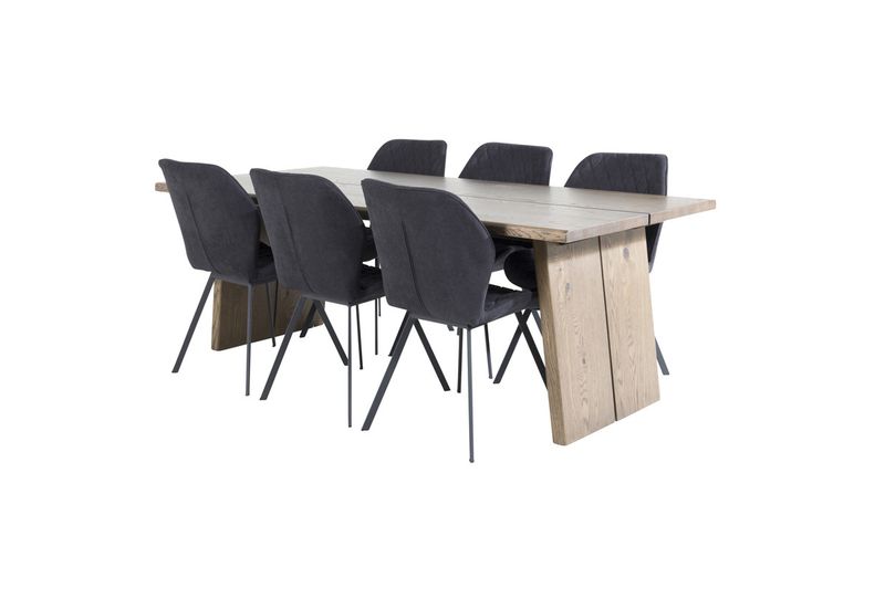 Venture Home Logger & Gemma Rektangulärt Matbord 210 x 100 Natur + Matstolar 6-pack Svart