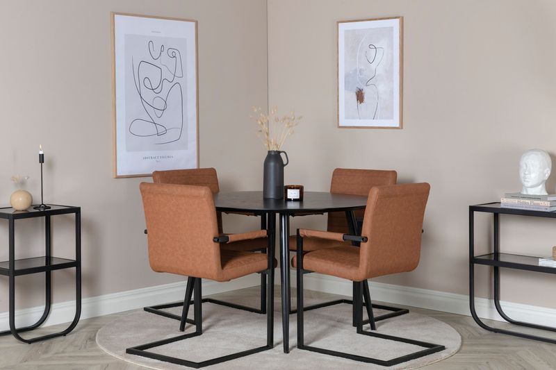 Venture Home Dipp & Art Runt Matbord ⌀115 Svart + 4 st Matstolar Brun