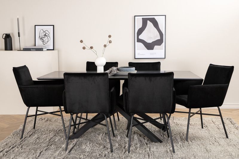Venture Home Petra & Piazza 6 st Matstolar Svart + Rektangulärt Matbord 180 x 90 Svart
