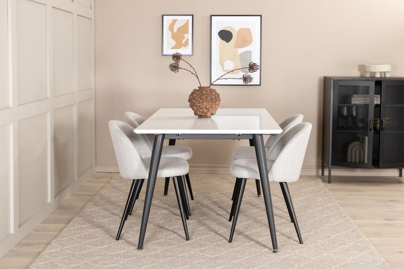 Venture Home Jimmy & Velvet Rektangulärt Matbord 150 x 90 Vit + 4 st Matstolar Grå