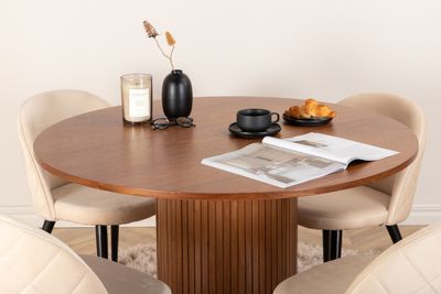 Venture Home Bianca & Velvet Runt Matbord ⌀110 Valnöt + 4 st Matstolar Beige