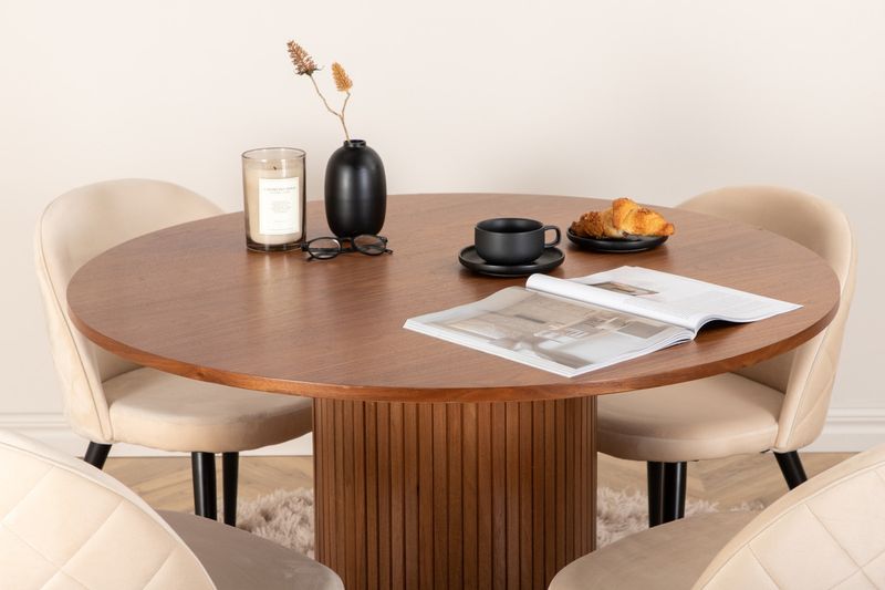 Venture Home Bianca & Velvet Runt Matbord ⌀110 Valnöt + 4 st Matstolar Beige