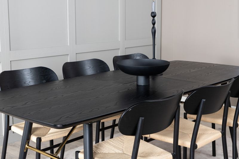 Venture Home Gold & Polly Rektangulärt Matbord 180 x 85 Svart + 6 st Matstolar Svart