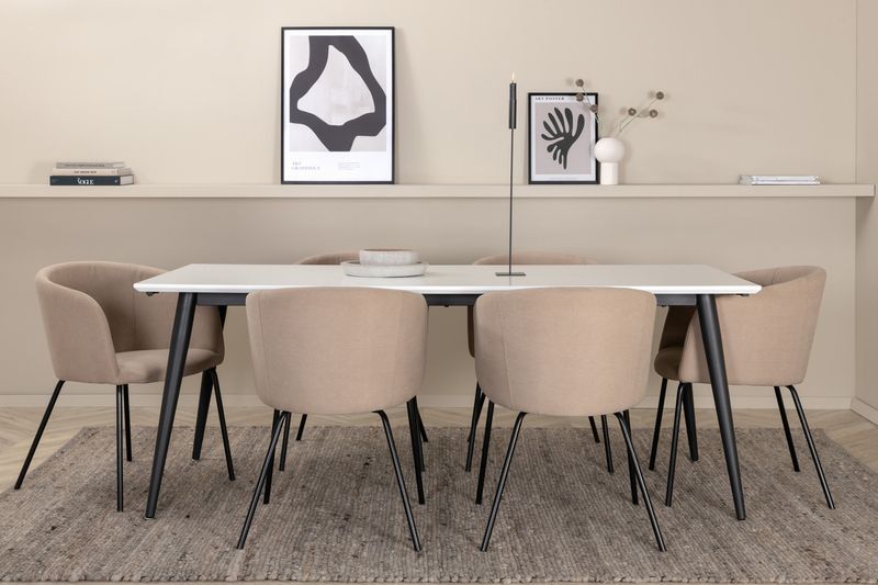 Venture Home Berit & Jimmy 6 st Matstolar Beige + Rektangulärt Matbord 195 x 90 Vit